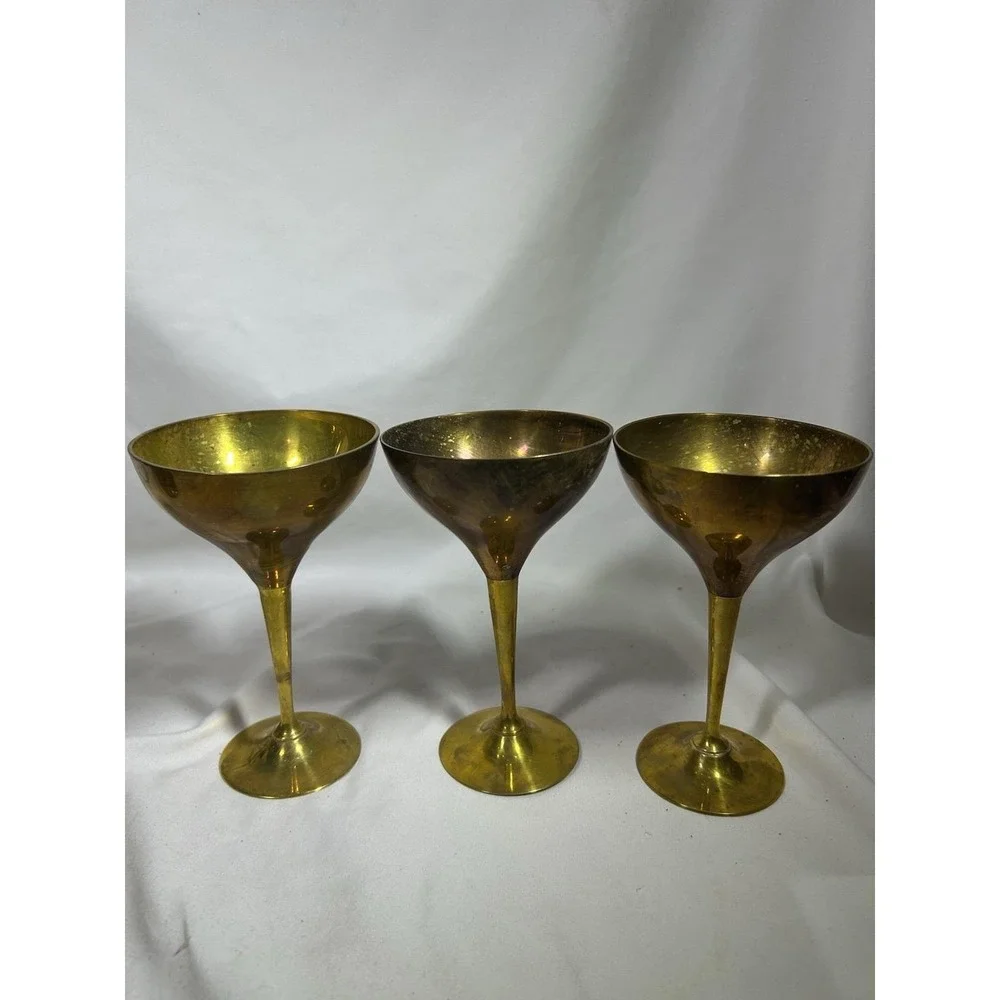 Vintage Set of 3 Brass Goblets Patina Wine Glasses Cups 6